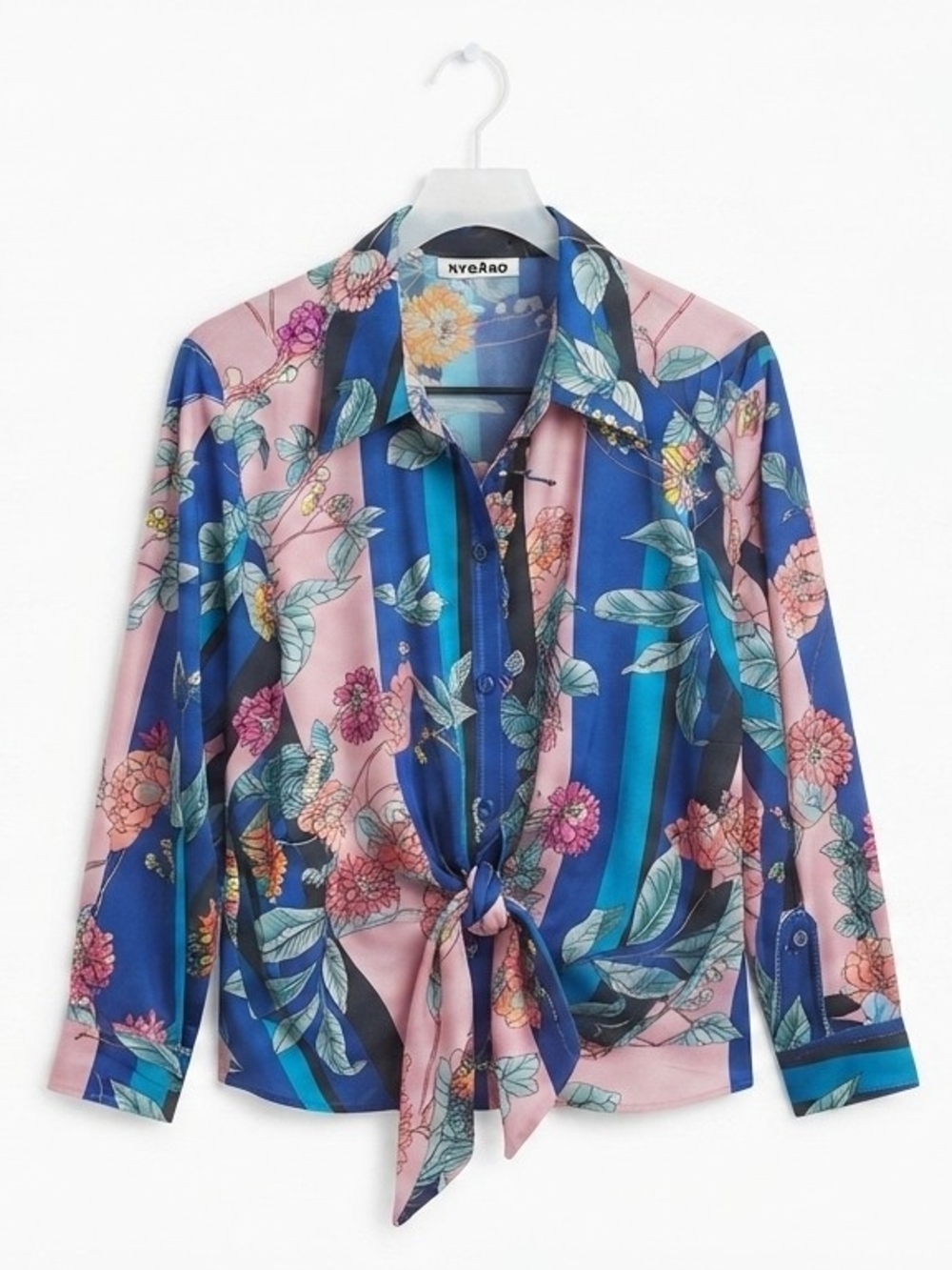 Peter Nygard Floral Tie-Front Button Down Shirt in Pink and Blue